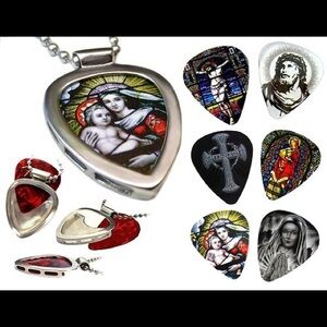 Pickbay Guitar Pick Holder pendant Necklace Set + Christian Art Picks Jesus NEW